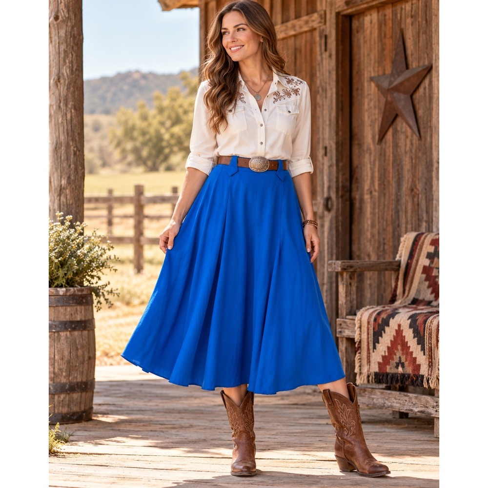 New Frontier Clothing Company Blue Rayon Maxi Skirt Western Boho Medium USA